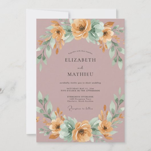 Mauve Floral Garland Wedding 招待状 (正面)