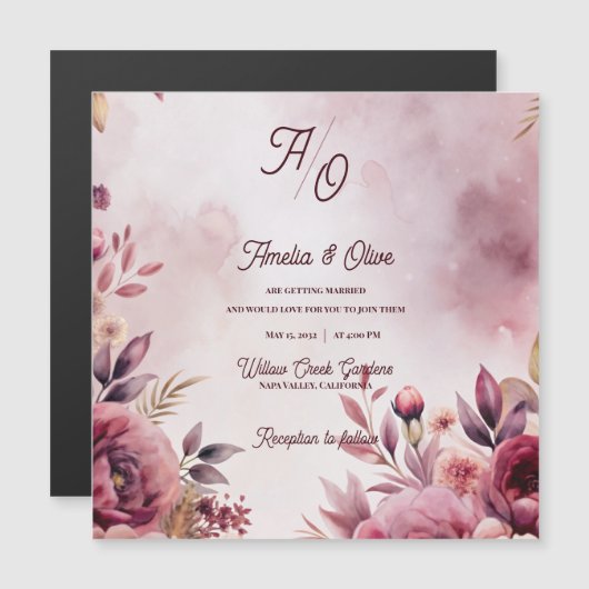 Mauve Floral Romantic Blush Wedding Invitation (正面/裏面)