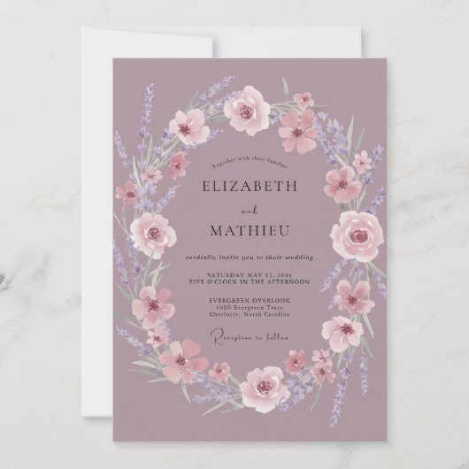 Mauve Floral Wedding 招待状 (正面)