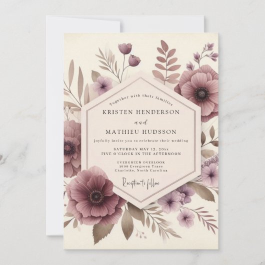 Mauve Floral Woodland Wedding 招待状 (正面)