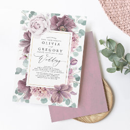 Mauve Flowers and Greeneryエレガントスタイリッシュ結婚's 招待状