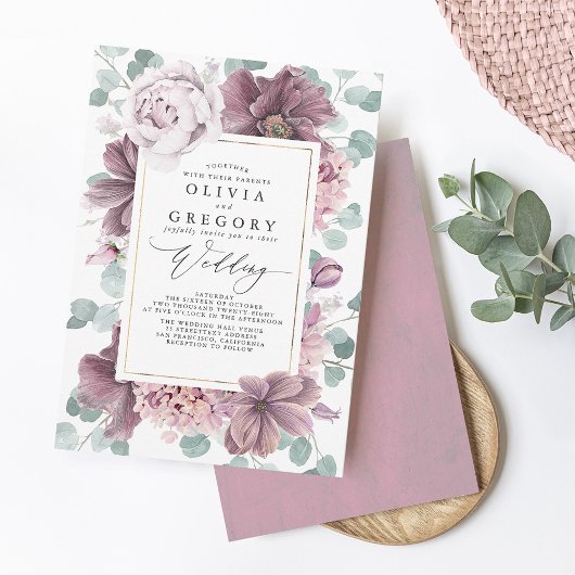 Mauve Flowers and Greeneryエレガントスタイリッシュ結婚's 招待状
