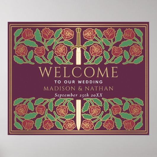 Mauve Gold Floral Sword Royal Wedding Welcome Sign ポスター (正面)