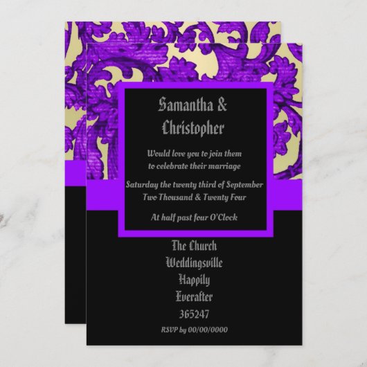 Mauve Gothic damask wedding photo invitation 招待状 (正面/裏面)
