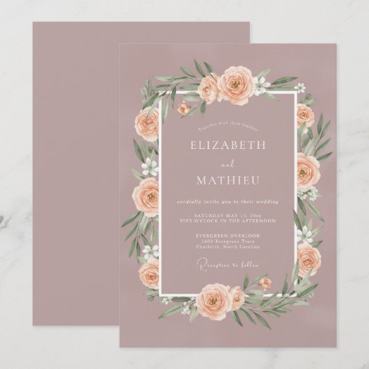 Mauve Graceful Spring Wedding 招待状 (正面/裏面)