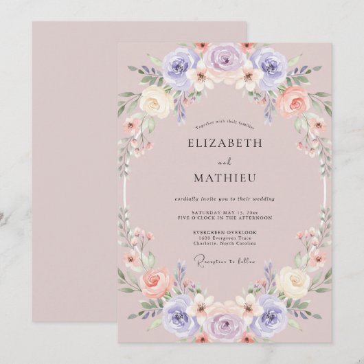 Mauve Graceful Springtime Wedding 招待状 (正面/裏面)
