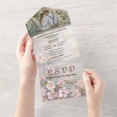 Mauve Gray PinkさくらんぼBlossom Photo Website オールインワン招待状 (貼ってはがせる)