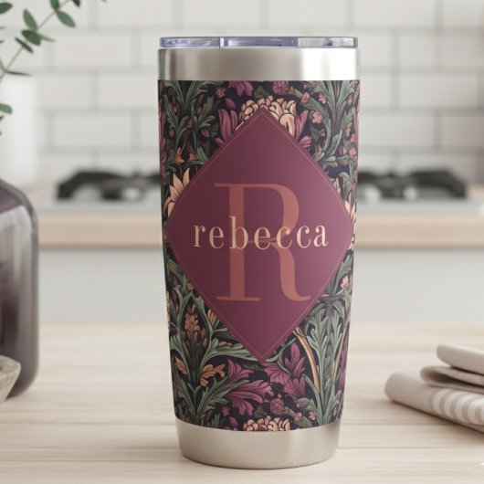 Mauve Green Floral William Morris Elegant Monogram 保温保冷タンブラー
