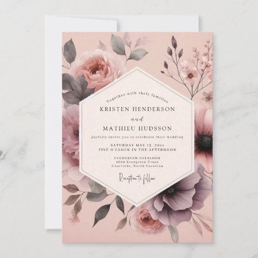Mauve Hazy Floral Wedding 招待状 (正面)