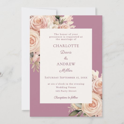 Mauve ivory dusty rose florals wedding 招待状 (正面)