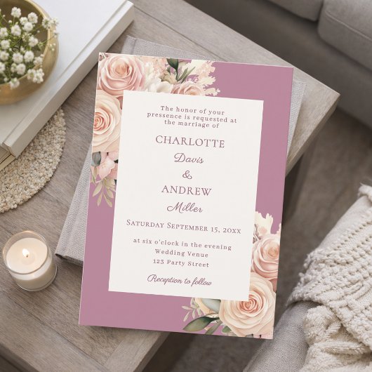 Mauve ivory dusty rose florals wedding 招待状