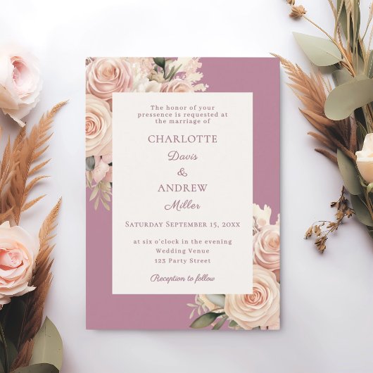 Mauve ivory dusty rose florals wedding 招待状