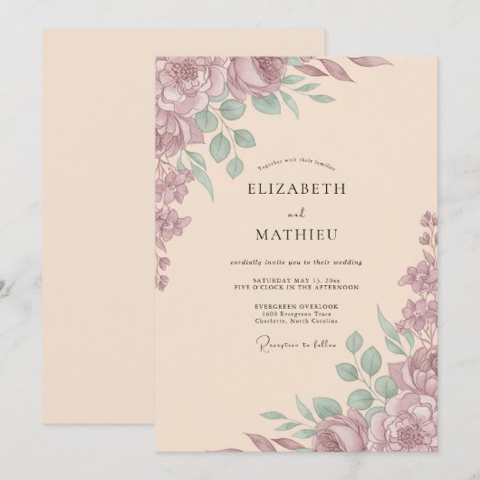 Mauve Muted Romantic Wedding 招待状 (正面/裏面)