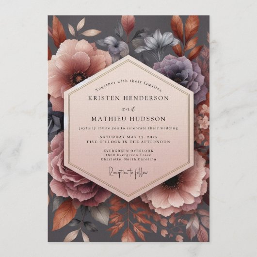 Mauve Nocturnal Bloom Wedding 招待状 (正面)