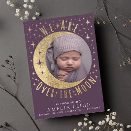 Mauve Over the Moon Photo Birth Announcement Card 招待状