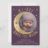 Mauve Over the Moon Photo Birth Announcement Card 招待状 (正面)