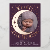 Mauve Over the Moon Photo Birth Announcement Card 箔招待状 (正面)