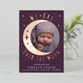 Mauve Over the Moon Photo Birth Announcement Card 箔招待状 (立ち正面)