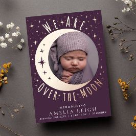 Mauve Over the Moon Photo Birth Announcement Card 箔招待状