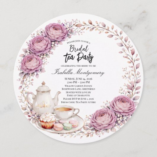 Mauve Palette Tea Party Bridal Shower 招待状 (正面)