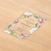 Mauve Pink and White Roses Floral Wreath Wedding アクリル招待状 (レイダウン)