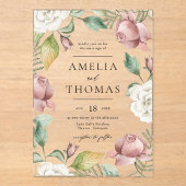Mauve Pink and White Roses Floral Wreath Wedding アクリル招待状 (正面)