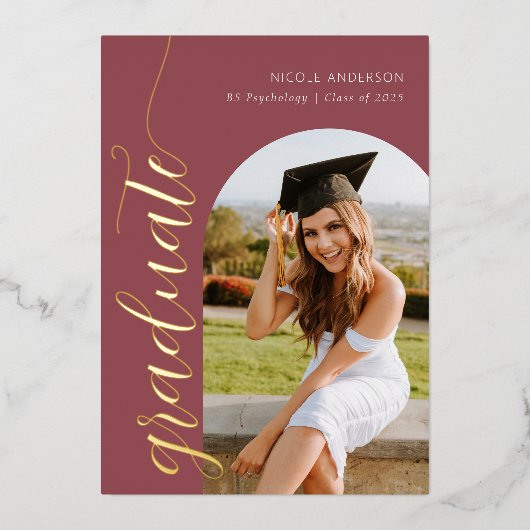 Mauve Pink Archモダン卒業写真スクリプト 箔シーズンカード (正面)