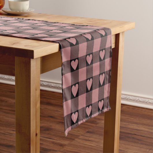 Mauve Pink Black Buffalo Heart Plaid Table Runner ショートテーブルランナー (インサイチュ)