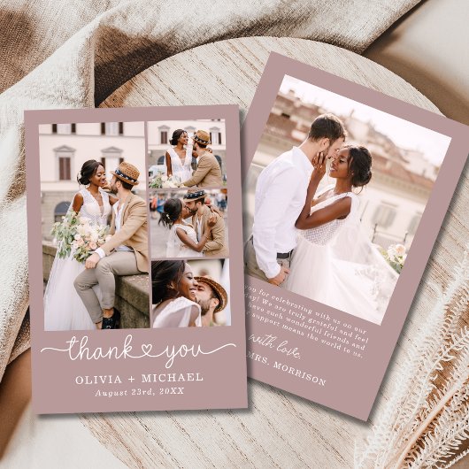 Mauve Pink Five Photo Collage Script 結婚's サンキューカード