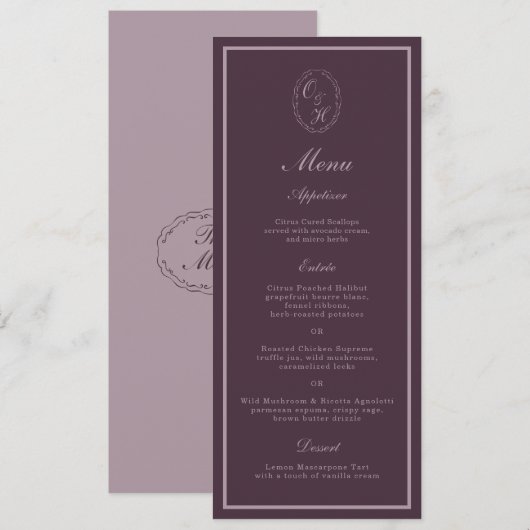 Mauve Plum Monogram Wedding Long Menu 招待状 (正面/裏面)