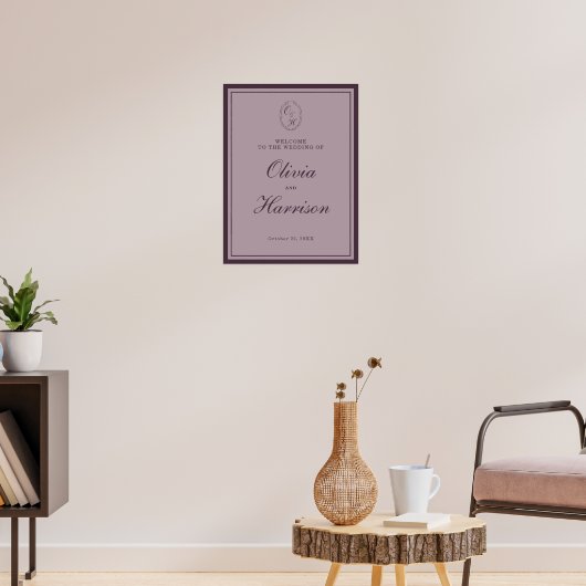 Mauve Plum Monogram Wedding Welcome Sign ポスター (リビング3)