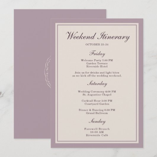 Mauve Plum Wedding Weekend Itinerary Card 招待状 (正面/裏面)