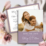 Mauve Purple写真モダン結婚式の日付を保存 案内ポストカード<br><div class="desc">Mauve Purpleおもしろいスモダンクリプト写真ミニマリスト結婚式の日付の発表はがきを保存する。あなたの家族、友人や同僚に知らせなさい結婚あなたのお祝いの日付を設定しエレガントてスタイリッシュ、結婚式は日付の招待カーモダンドを保存する。すべての文字は、自分の詳細で簡単かつ迅速にパーソナライズするために事前に配置されている。</div>