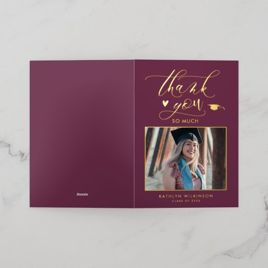 Mauve Purple金ゴールドスクリプトシックな卒業ありがとう 箔グリーティングカード (外側レイダウン)