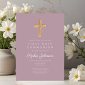 Mauve Religious Cross Girl First Communion 招待状