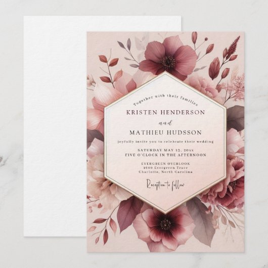 Mauve Romantic Bloom Wedding 招待状 (正面/裏面)