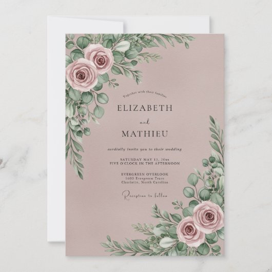 Mauve Romantic Botanical Wedding 招待状 (正面)