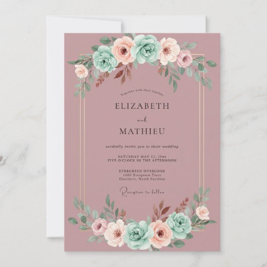 Mauve Romantic Mint Botanical Wedding 招待状 (正面)