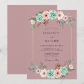 Mauve Romantic Mint Botanical Wedding 招待状 (正面/裏面)