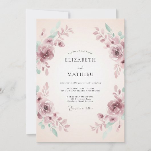 Mauve Romantic Watercolor Wedding 招待状 (正面)