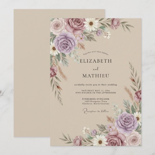 Mauve Rustic Pampas Wedding 招待状 (正面/裏面)