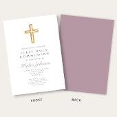Mauve Script Religious Cross Boy First Communion 招待状