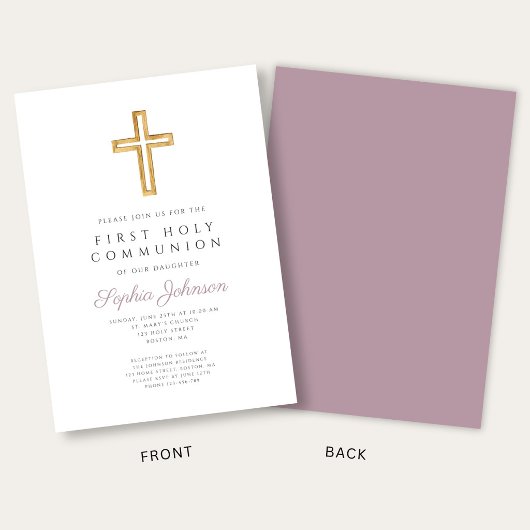 Mauve Script Religious Cross Boy First Communion 招待状