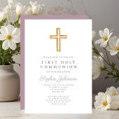 Mauve Script Religious Cross Boy First Communion 招待状