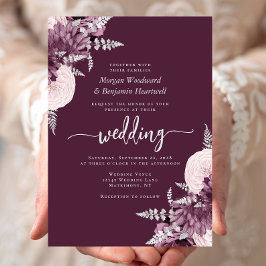 Mauve Silver Floral QR Code Wedding 招待状