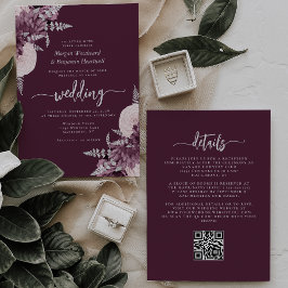 Mauve Silver Floral QR Code Wedding 招待状