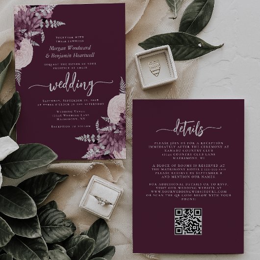 Mauve Silver Floral QR Code Wedding 招待状
