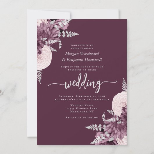 Mauve Silver Floral QR Code Wedding 招待状 (正面)