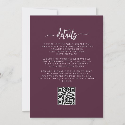 Mauve Silver Floral QR Code Wedding 招待状 (裏面)