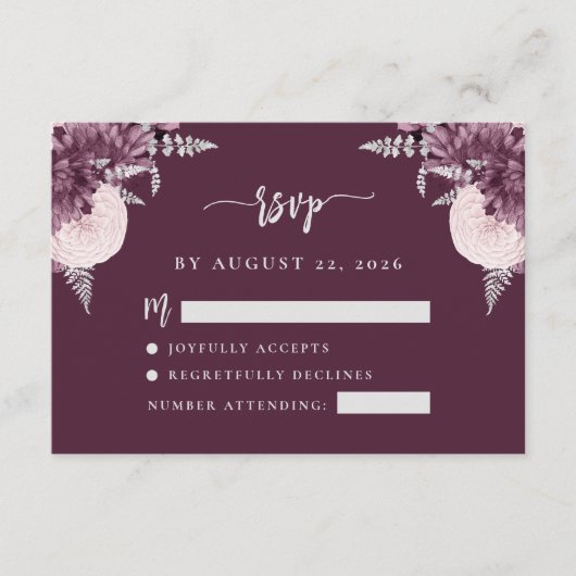Mauve Silver Floral Script Wedding RSVP エンクロージャーカード (正面)